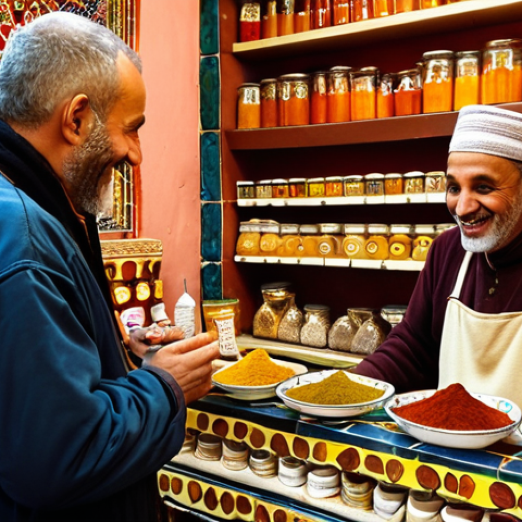 **Prompt 1:** A heartwarming, authentic scene inside a vibrant spice shop in Marrakech. A foreign traveler, with a look of genuine curiosity, has just offered a simple Arabic greeting. The Moroccan shopkeeper, an older man with a warm, illuminated face and a wide, welcoming smile, is gestures towards the traveler, perhaps offering a small glass of mint tea. The shop is richly detailed with colorful spices, traditional ceramics, and textiles. Soft, golden light filters in from the entrance, emphasizing the immediate human connection and cultural bridge built by language. Realistic, detailed, warm color palette.