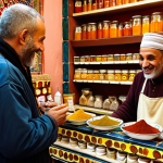 **Prompt 1:** A heartwarming, authentic scene inside a vibrant spice shop in Marrakech. A foreign traveler, with a look of genuine curiosity, has just offered a simple Arabic greeting. The Moroccan shopkeeper, an older man with a warm, illuminated face and a wide, welcoming smile, is gestures towards the traveler, perhaps offering a small glass of mint tea. The shop is richly detailed with colorful spices, traditional ceramics, and textiles. Soft, golden light filters in from the entrance, emphasizing the immediate human connection and cultural bridge built by language. Realistic, detailed, warm color palette.