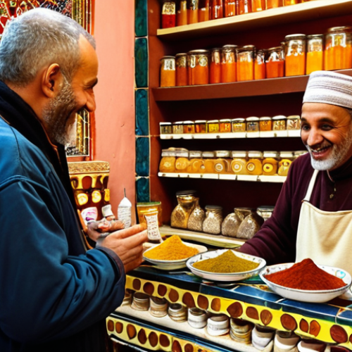 **Prompt 1:** A heartwarming, authentic scene inside a vibrant spice shop in Marrakech. A foreign traveler, with a look of genuine curiosity, has just offered a simple Arabic greeting. The Moroccan shopkeeper, an older man with a warm, illuminated face and a wide, welcoming smile, is gestures towards the traveler, perhaps offering a small glass of mint tea. The shop is richly detailed with colorful spices, traditional ceramics, and textiles. Soft, golden light filters in from the entrance, emphasizing the immediate human connection and cultural bridge built by language. Realistic, detailed, warm color palette.