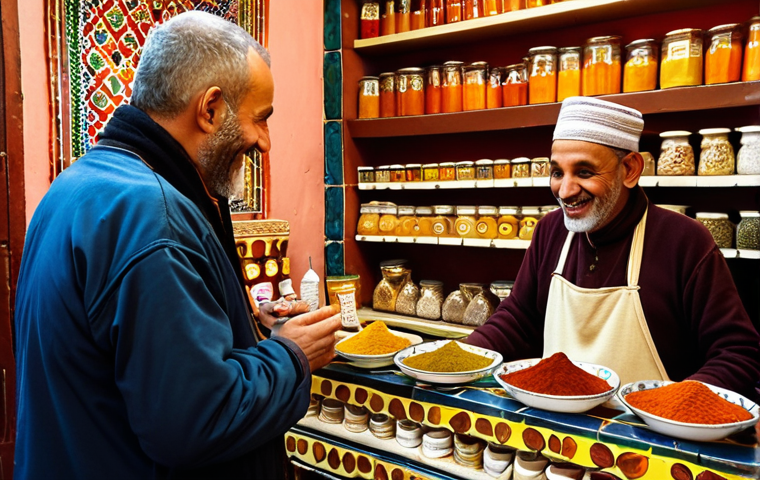 **Prompt 1:** A heartwarming, authentic scene inside a vibrant spice shop in Marrakech. A foreign traveler, with a look of genuine curiosity, has just offered a simple Arabic greeting. The Moroccan shopkeeper, an older man with a warm, illuminated face and a wide, welcoming smile, is gestures towards the traveler, perhaps offering a small glass of mint tea. The shop is richly detailed with colorful spices, traditional ceramics, and textiles. Soft, golden light filters in from the entrance, emphasizing the immediate human connection and cultural bridge built by language. Realistic, detailed, warm color palette.