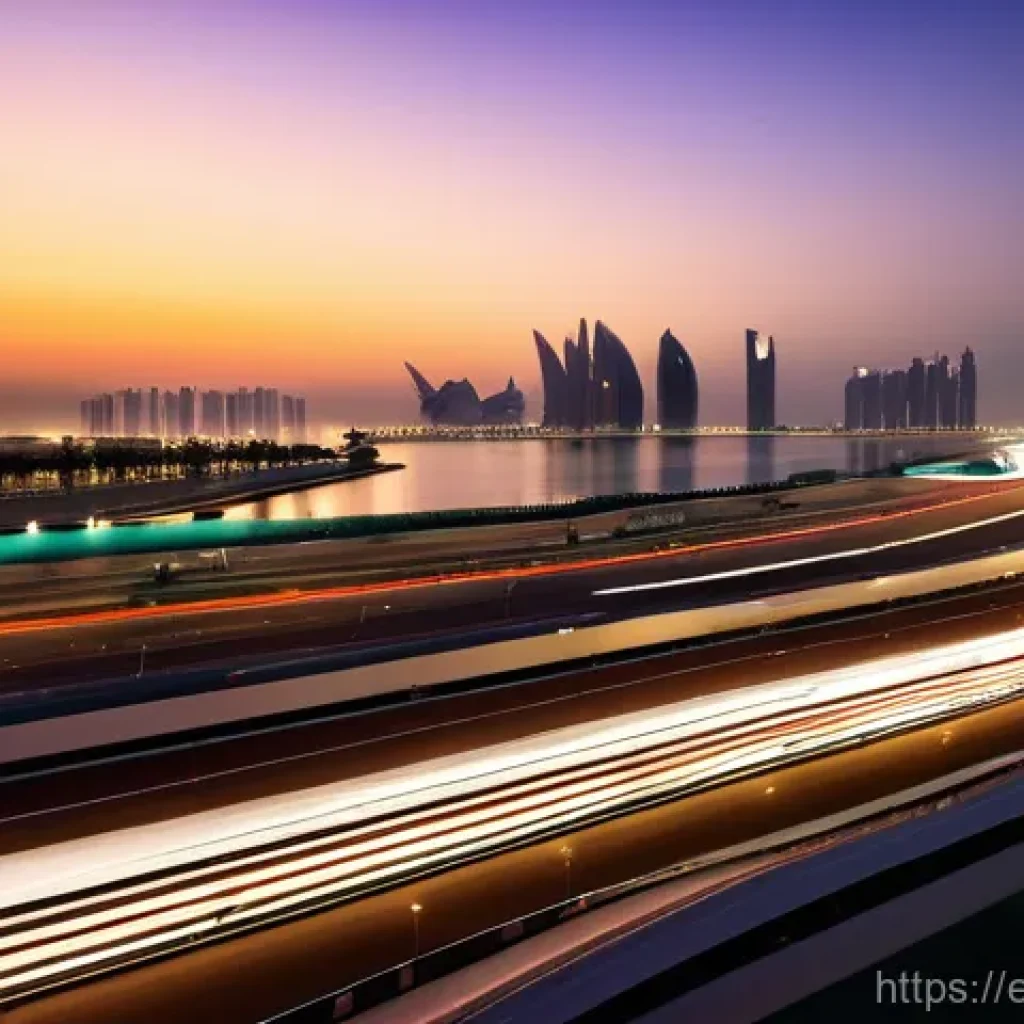 아부다비 그랜드 프릭스 F1 경기 - **"A breathtaking panoramic view of the Yas Marina Circuit at dusk, transitioning from a fiery sunse...