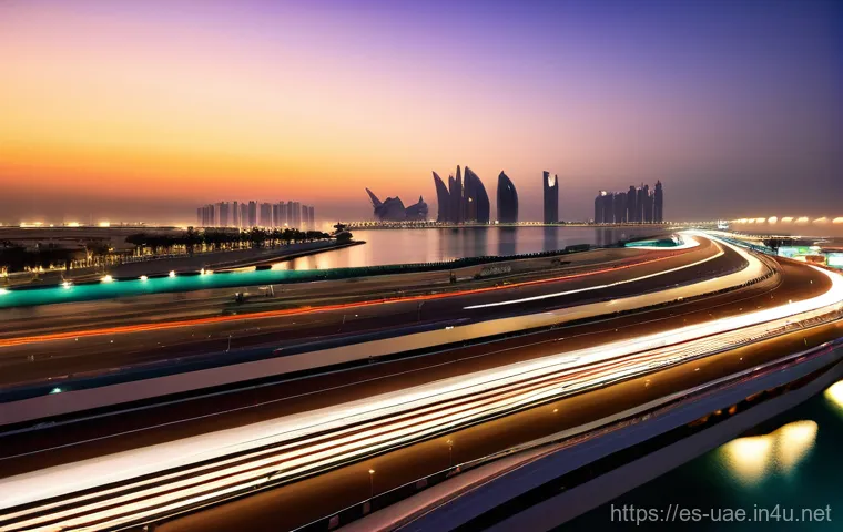 아부다비 그랜드 프릭스 F1 경기 - **"A breathtaking panoramic view of the Yas Marina Circuit at dusk, transitioning from a fiery sunse...