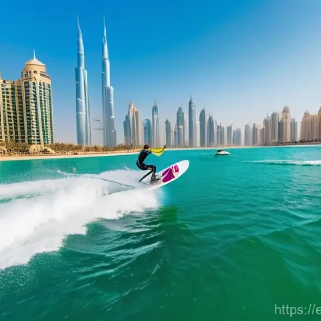 아랍에미리트 해양 스포츠 체험 - **Dynamic Wakesurfing in Dubai:**
    A vibrant, sun-drenched, wide-angle shot featuring an athletic...