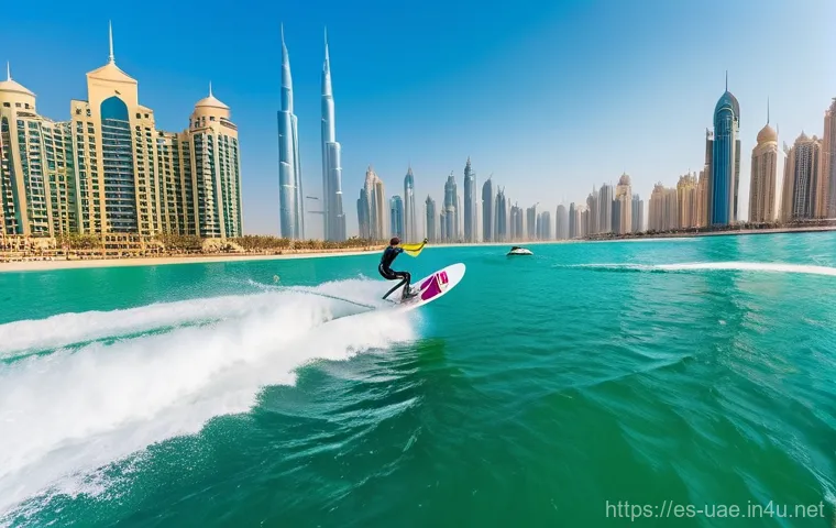 아랍에미리트 해양 스포츠 체험 - **Dynamic Wakesurfing in Dubai:**
    A vibrant, sun-drenched, wide-angle shot featuring an athletic...