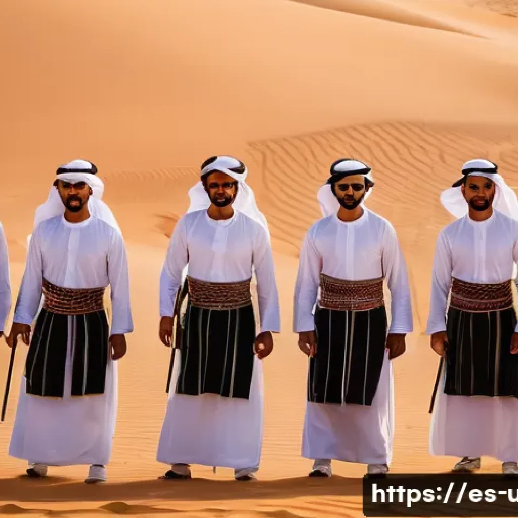 UAE의 전통 춤  알 아얄라 - **"A group of proud Emirati men performing the Al Ayyala dance, arranged in two perfectly synchroniz...