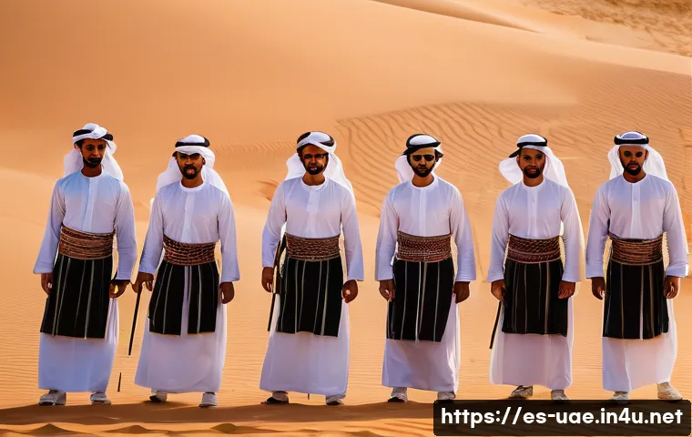UAE의 전통 춤  알 아얄라 - **"A group of proud Emirati men performing the Al Ayyala dance, arranged in two perfectly synchroniz...