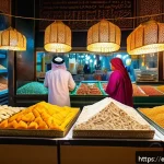 Home 23 UAE 디저트 맛집 추천 - A vibrant traditional Middle Eastern market scene in Dubai’s Souk Al Bahar, showcasing a colorful st...