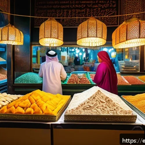 Home 17 UAE 디저트 맛집 추천 - A vibrant traditional Middle Eastern market scene in Dubai’s Souk Al Bahar, showcasing a colorful st...