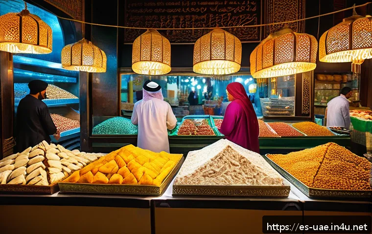 UAE 디저트 맛집 추천 - A vibrant traditional Middle Eastern market scene in Dubai’s Souk Al Bahar, showcasing a colorful st...