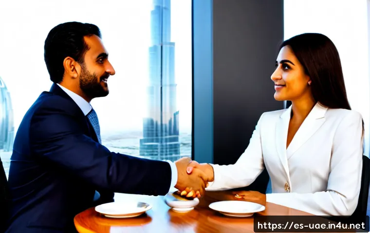아랍에미리트 비즈니스 예절 - Photorealistic corporate meeting in a refined Dubai office, an Emirati businessman in a crisp white ...